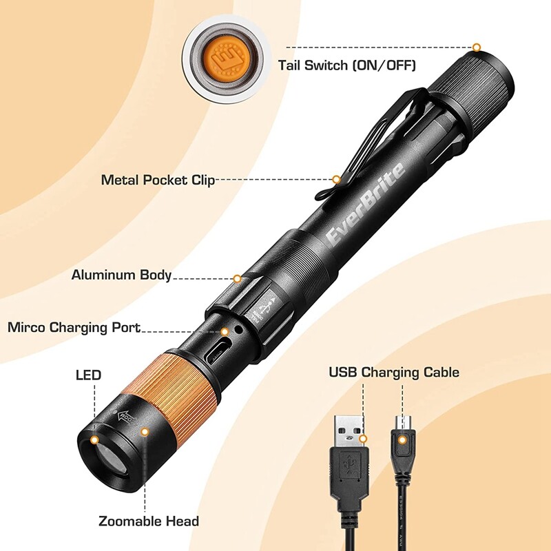 EverBrite Rechargeable Pen Light Zoomable Handheld Flashlight 4 Lighting Modes