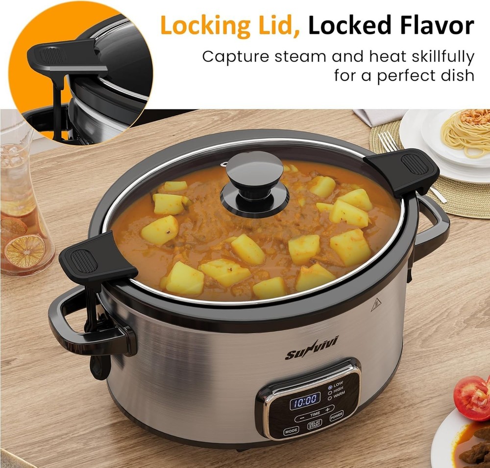 4QT Programmable Slow Cooker with Locking Lid, Removable Ceramic Pot, 3 Heati...