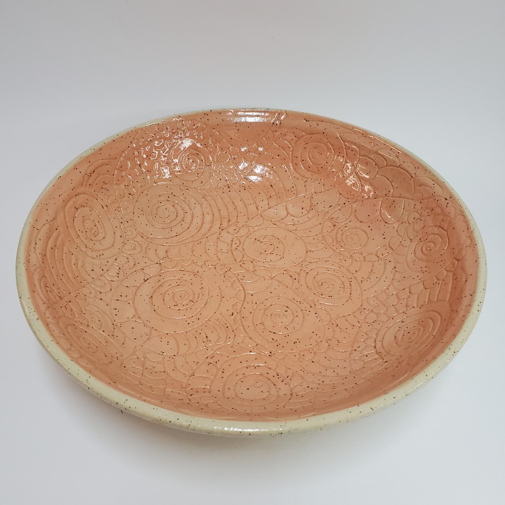 Signed Large Peach Studio Art Ceramic Bowl with Engraved Circle Pattern