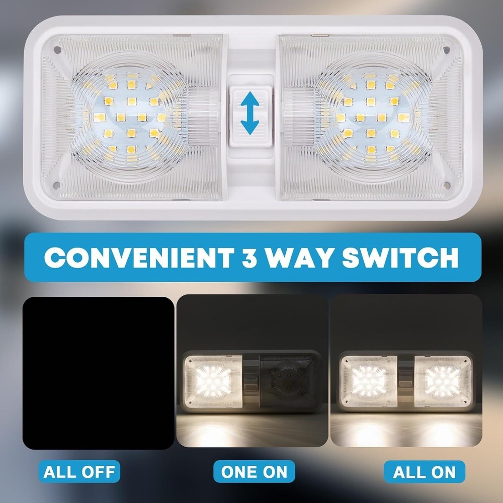 RV LED Ceiling Double Dome Light Fixture DC 12V for Car/RV/Trailer/Camper/Boat