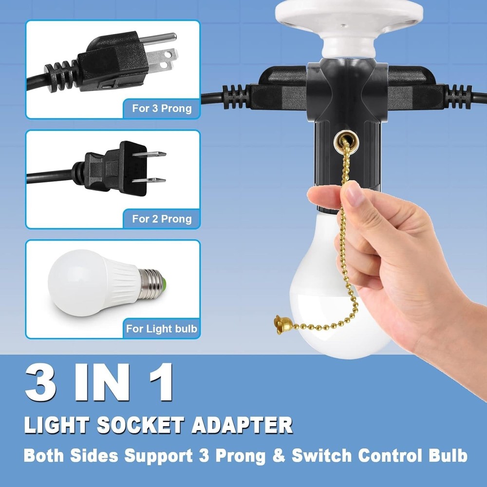 Light Socket to Plug Adapter, Both Sides Support 3 Prong Black