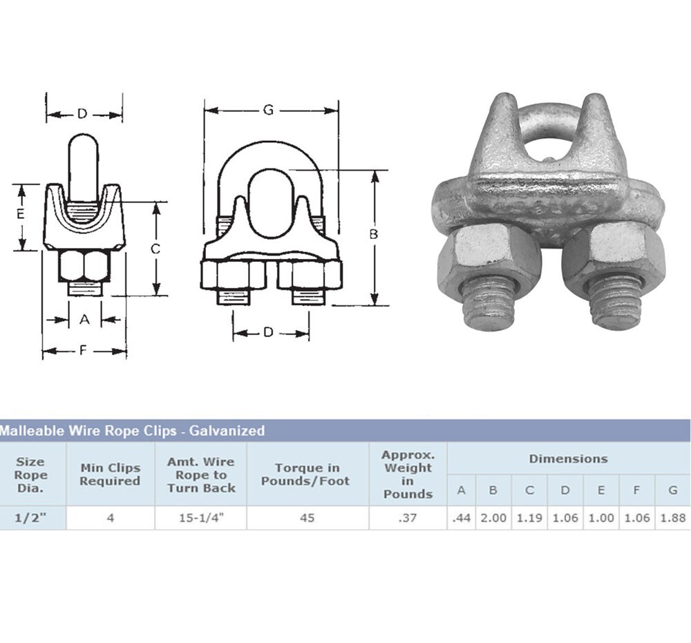Drop Forged Galvanized Wire Rope Cable Clips 1/2 inch - 10 Pc
