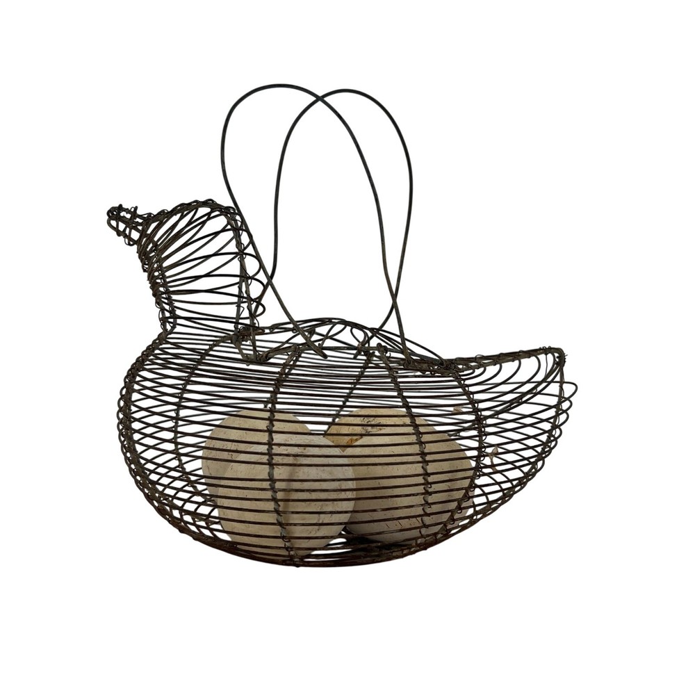 Vintage Wire Egg Basket with 4 Decorative Ceramic Eggs Chicken Shaped