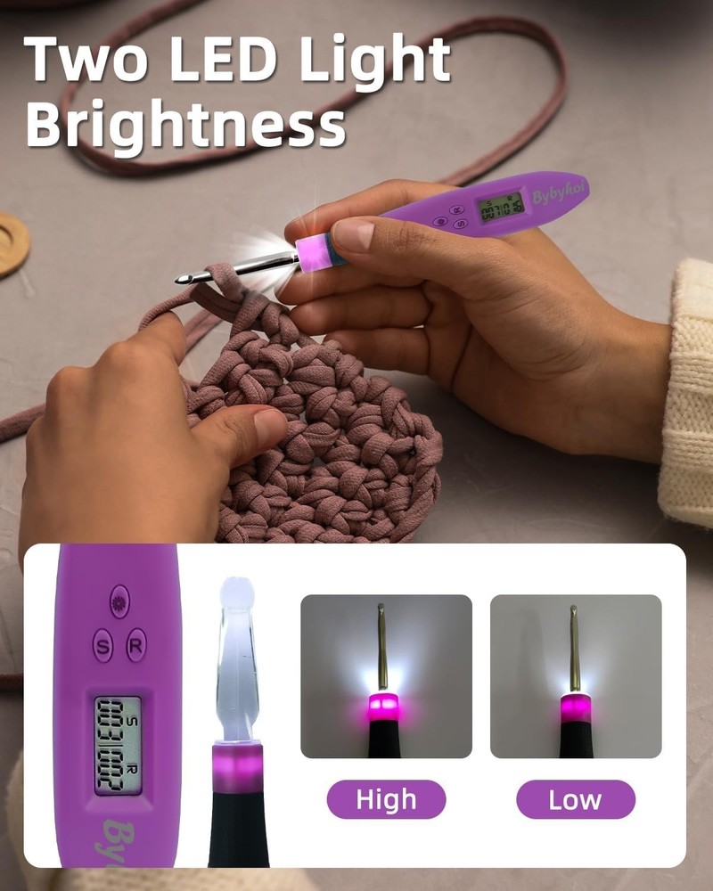 18 Size Counting Crochet Hook Set with Light & Counter - 2.0mm~14.0mm Recharg...