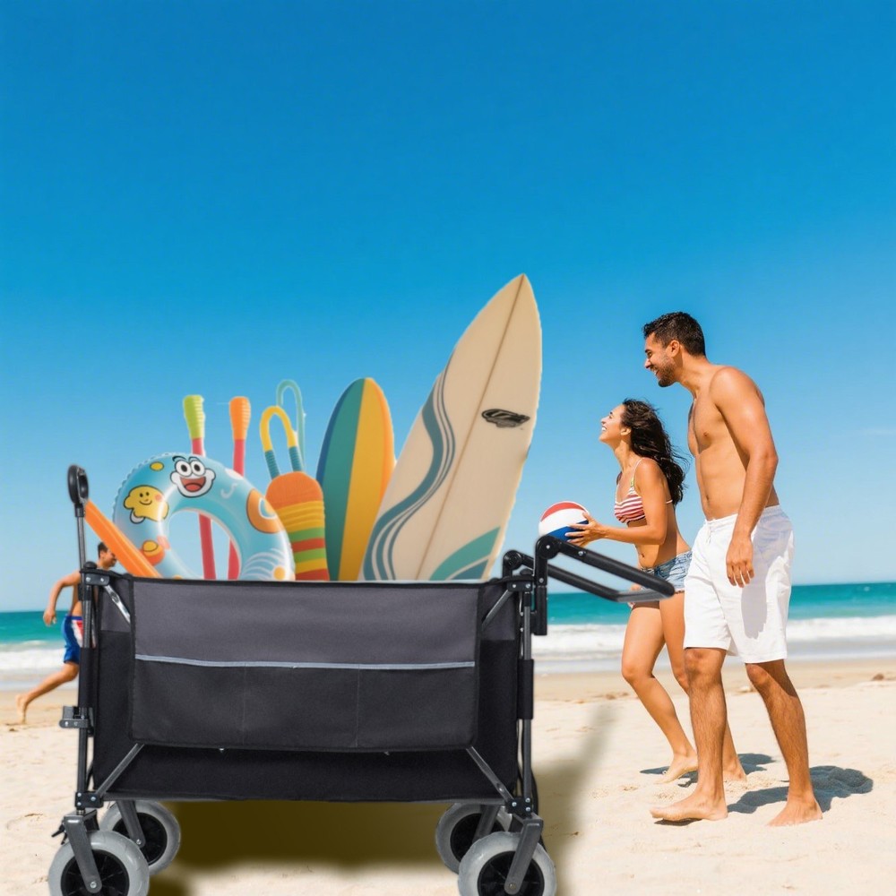Push-Pull Folding Wagon Cart with Rotating Handle & Large Beach Tires