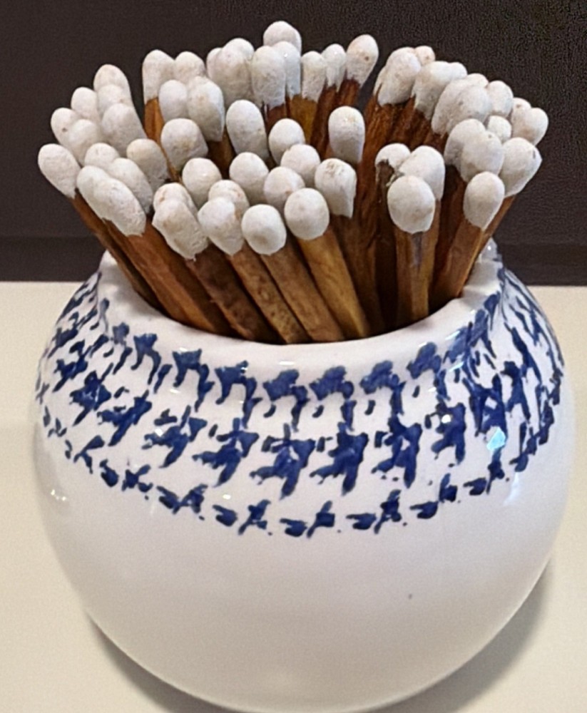 Ceramic Match Holder Blue Sailboat Decorative Design Striker on Base