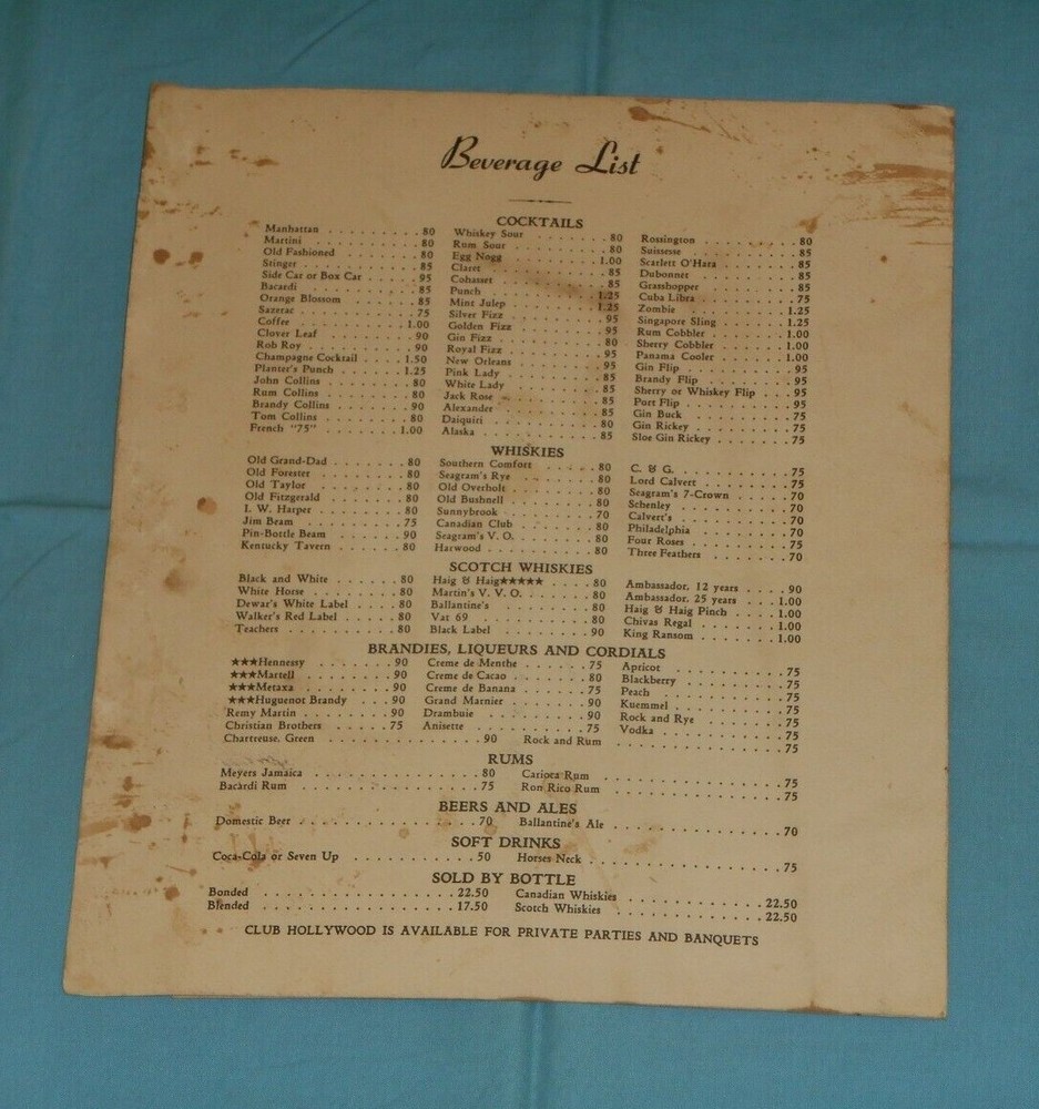 vintage CLUB HOLLYWOOD restaurant MENU
