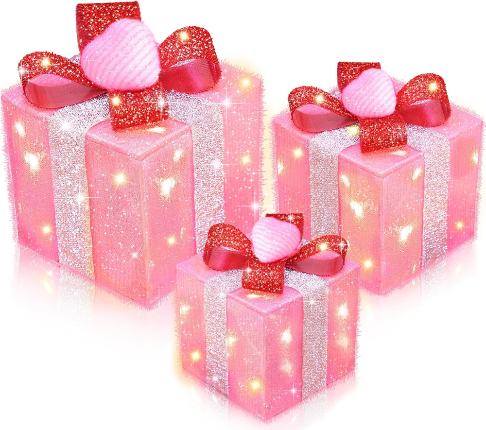 Timer & 8 Mode 3 Pack Valentines Decorations Pink Valentines Lighted Gift Boxes