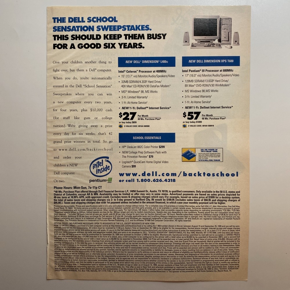 1999 Dell Dimension Desktop PC Computer 2 pg PRINT AD Tech Intel Inside Pentium