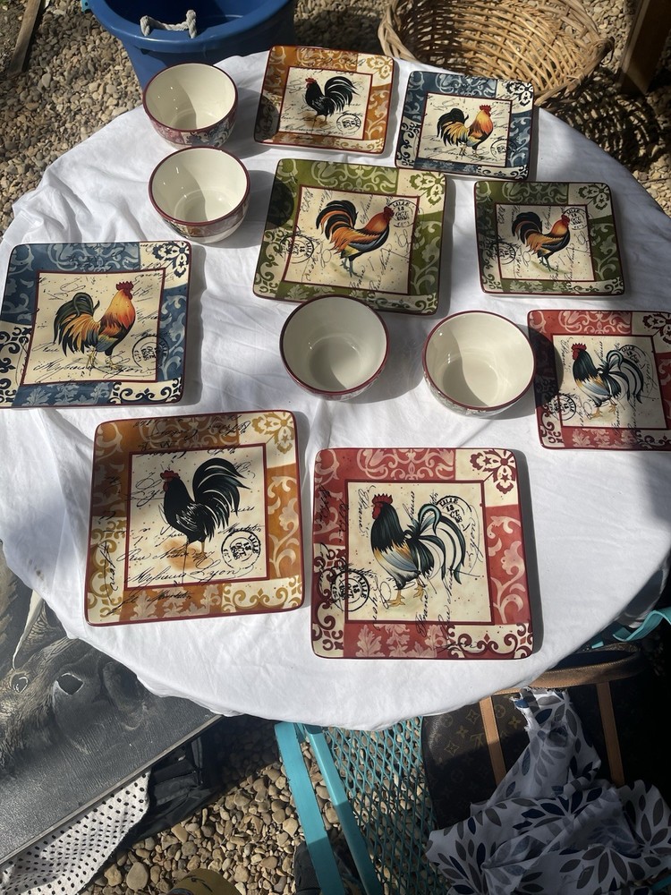 Certified International Rooster Multicolor Ceramic Square Dinner Set Plates & B…