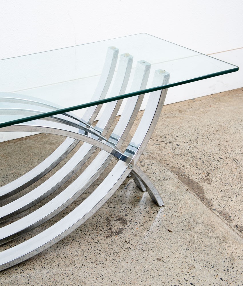 Mid Century Modern Coffee Table Chrome Glass Rectangular Vintage Sculptural Mcm