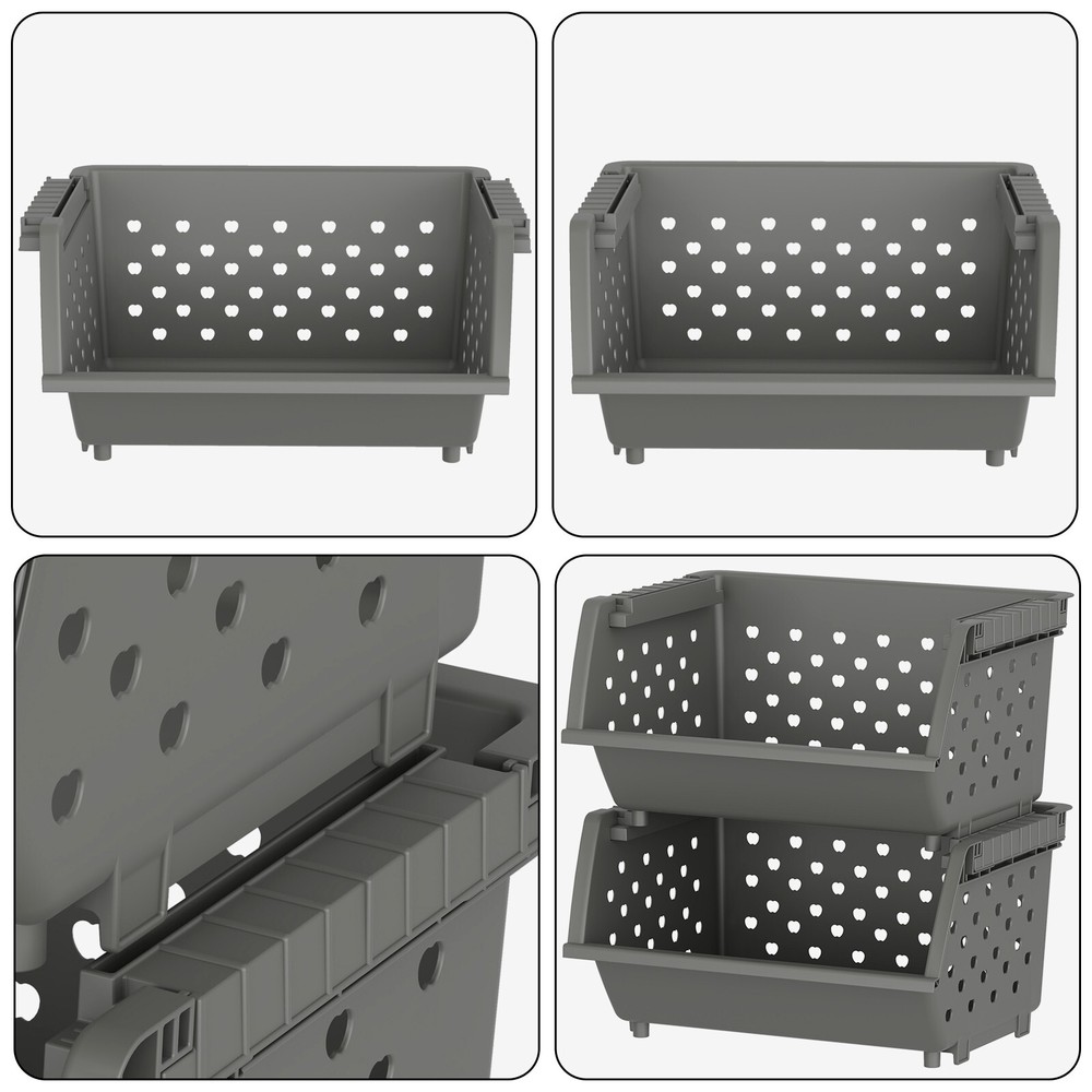 Mayish 4 Packs Plastic Large Stacking Organizer Basket, Gray