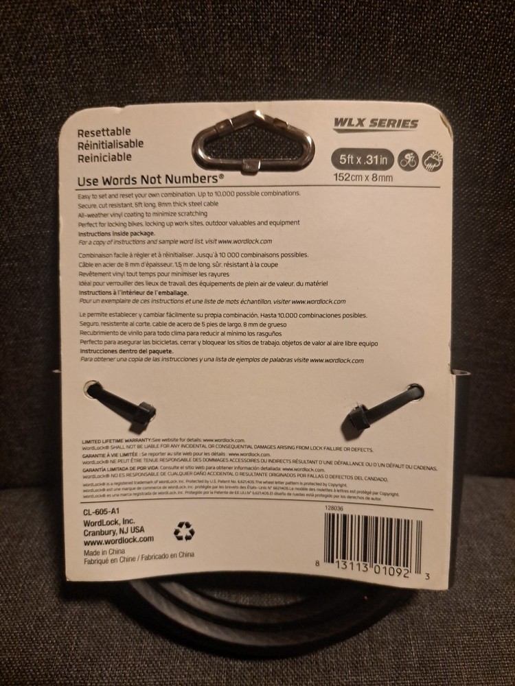 WLX, Wordlock Bicycle, Tools, Almost Any Security Cable Lock System. 5'x.31"