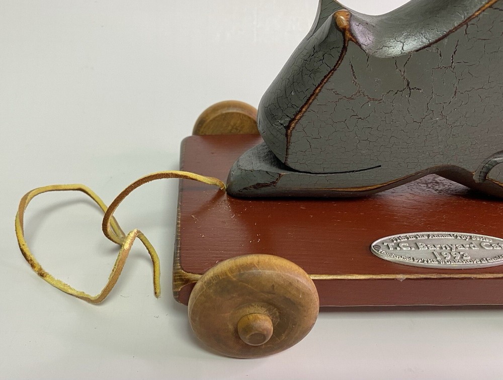 T.C.Barnyard Cat Painted Wood Leather Pull Primitive Pull Toy Henn Workshop 1993