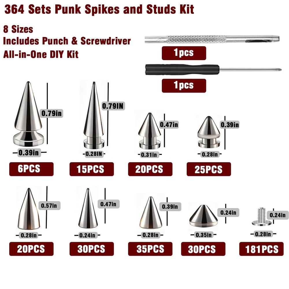 364 Sets Punk Spikes and Studs Kit, 8 Sizes Cone with Screws Silver