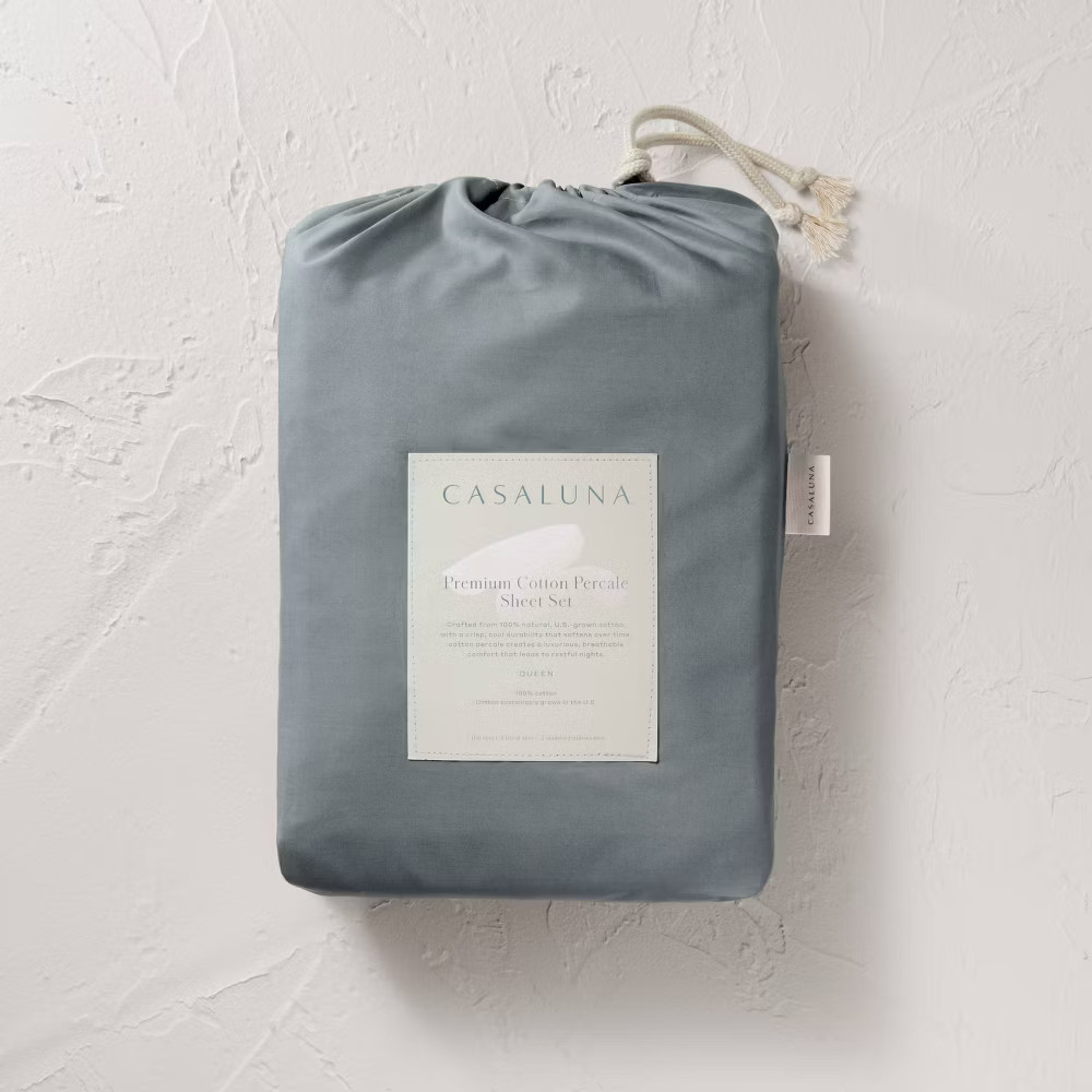 Queen 400 Thread Count Percale Sheet Set Mineral Blue - Casaluna