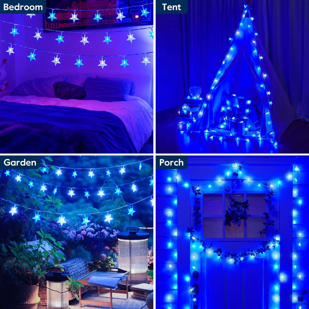 33Ft Blue Led Star String Lights With Remote Control And 8 Lighting Modes
