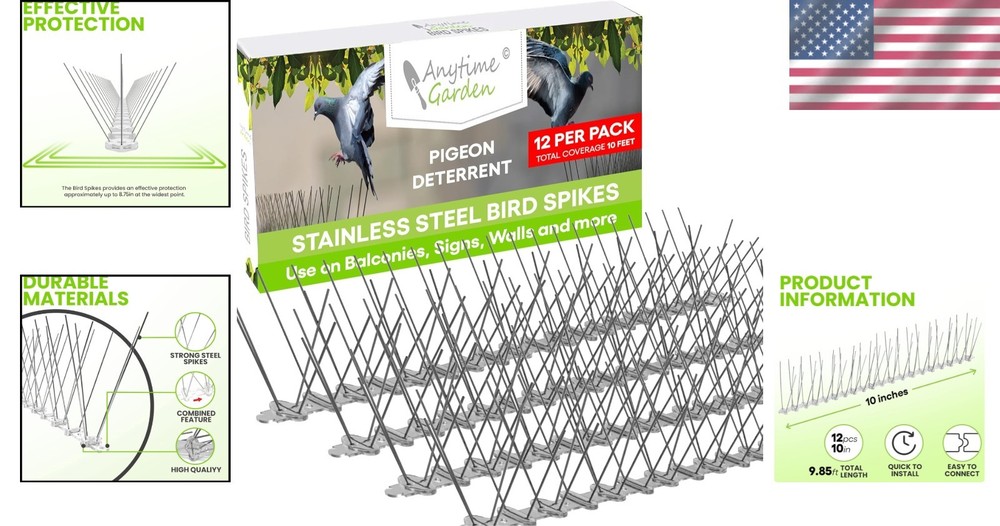 Versatile Stainless Steel Bird Spikes - 10ft Coverage, Effective & Humane