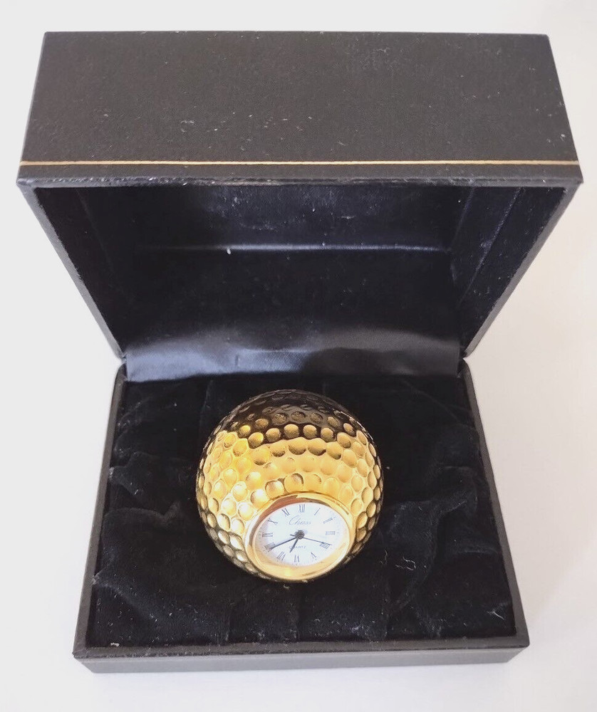 Gold Tone Golf Ball Clock Paper Weight Desk