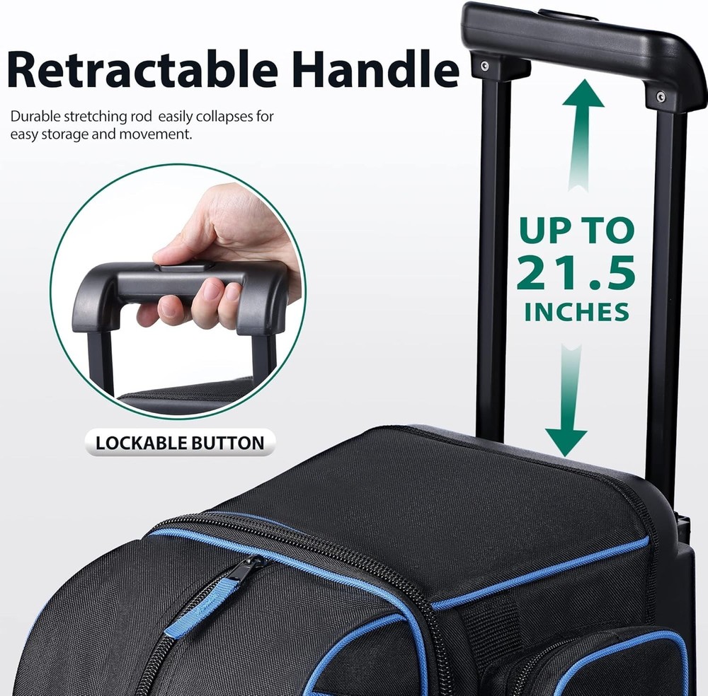 Double Roller 2 Ball Bowling Bag with Shoe Compartment, Retractable Handle, B...