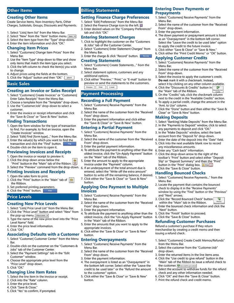 QuickBooks Pro 2019 Training Guide Quick Reference Card 4 Page Cheat Sheet