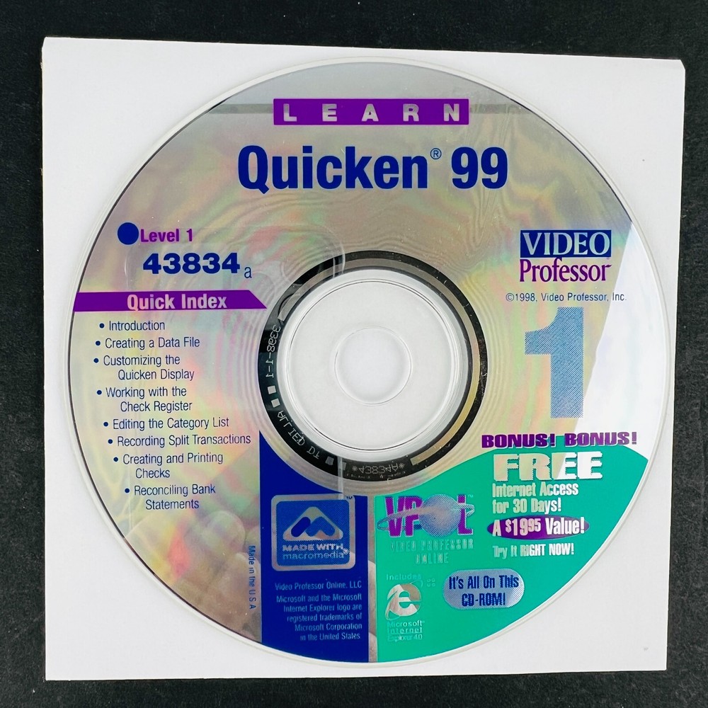 Learn QUICKEN 99 Video Professor CD ROM PC Disc Level 1 Game Windows Software