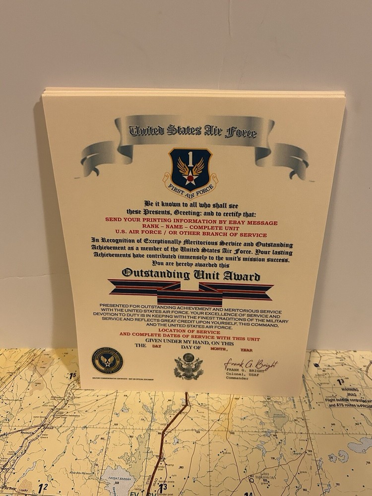 U.S. AIR FORCE / FIRST AIR FORCE - OUTSTANDING UNIT AWARD CERTIFICATE
