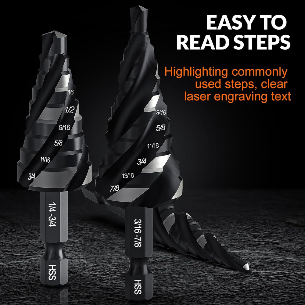 THINKWORK Four Spiral Flute Step Drill Bit Set, 3 Pcs HSS Step Drill Bits (1/8"-