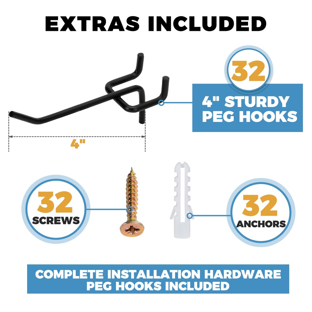 Heavy Duty 4-Panel Pegboard Wall Organizer With 32 Peg Hooks - Black