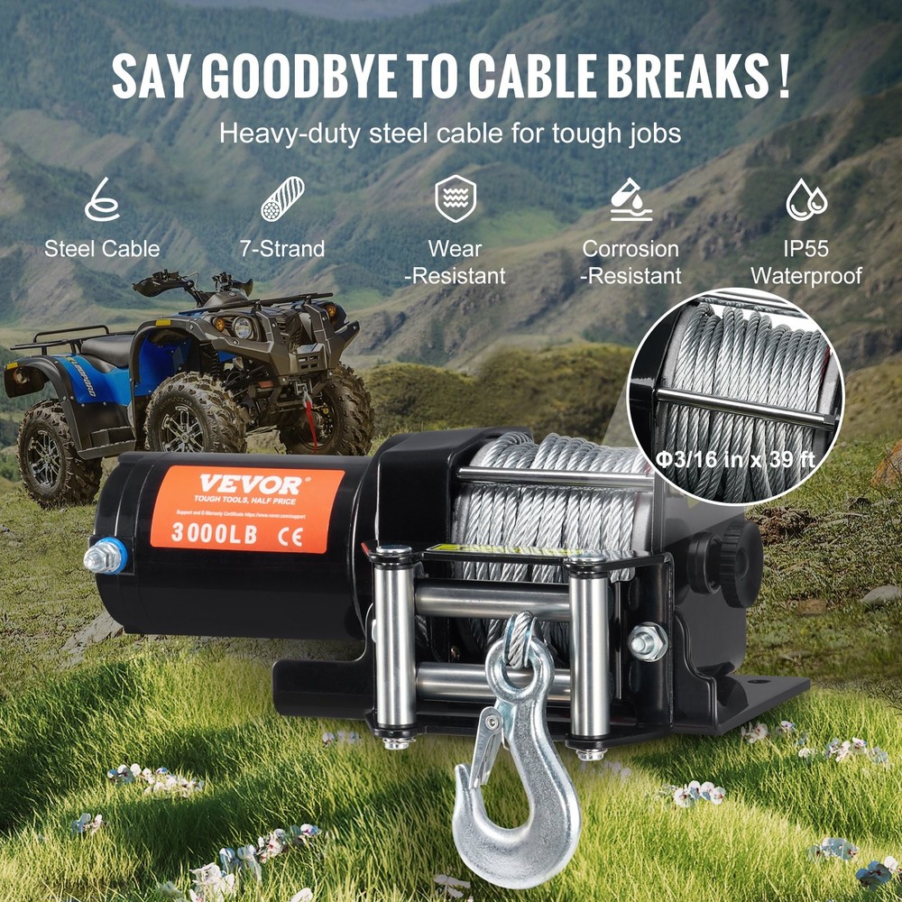 Electric Winch 3000 lb Line Pull Capacity 12V DC ATV/UTV Winch Φ3/16 in x