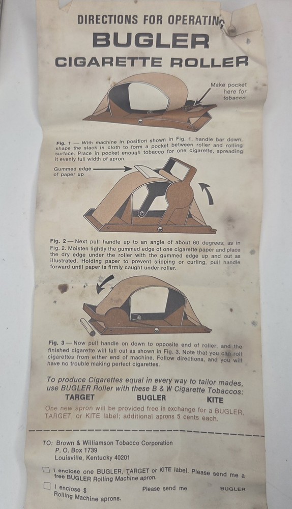 Vintage Bugler Thrift Kit Cigarette Roller w Bugler Cigarette Case& Instructions