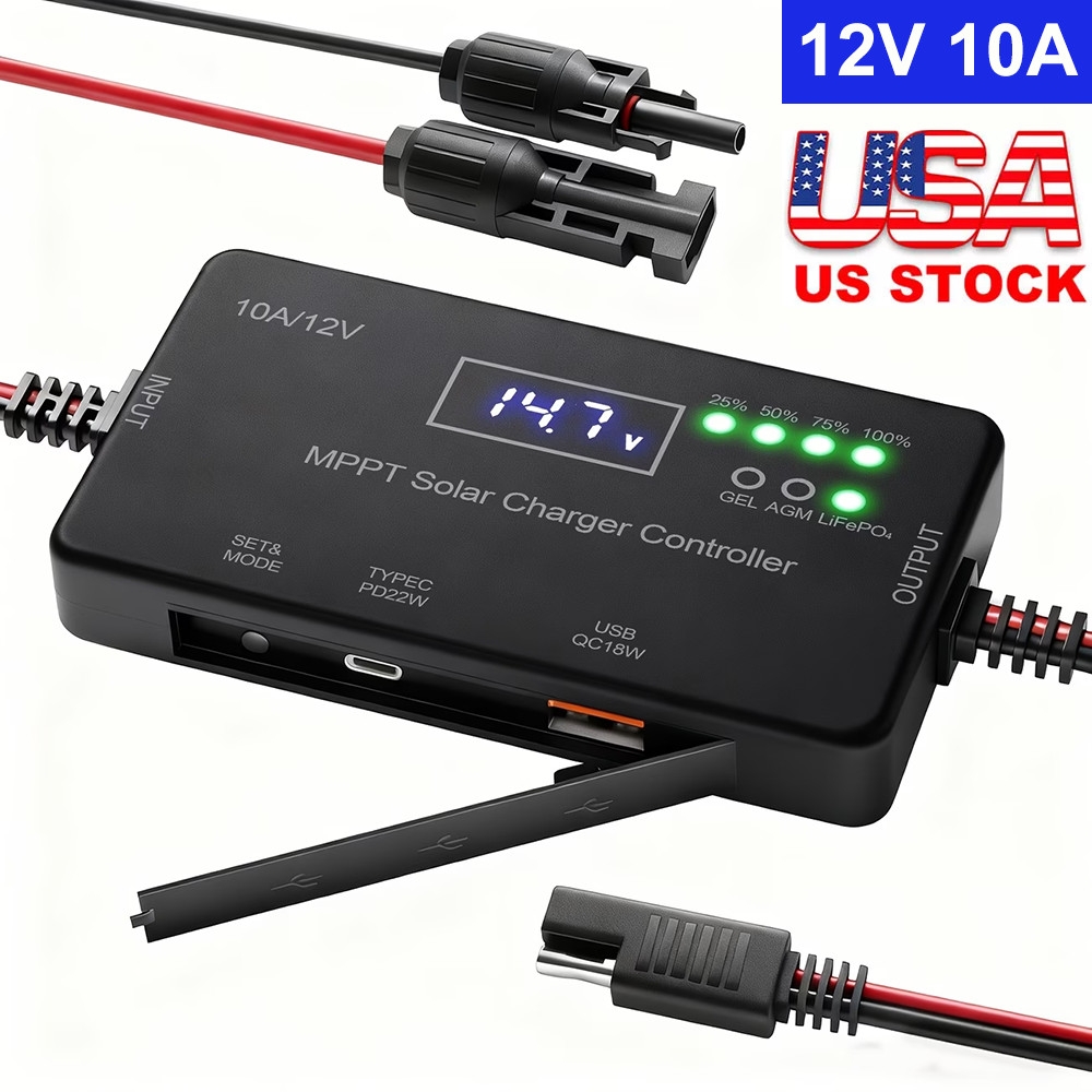 12V 10A MPPT Solar Charge Controller Type-C & USB Output for Solar Panel Battery
