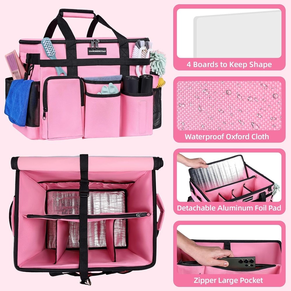 Versatile Pink Cleaning Caddy with Wheels - 17 Compartments & Detachable Trolley