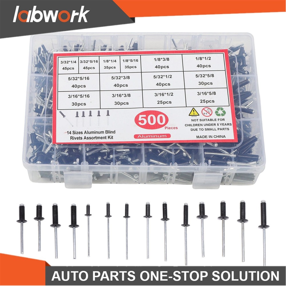 Labwork 500pcs Black Rivets Assortment Kit with 14 SAE Sizes (3/32"-3/16")
