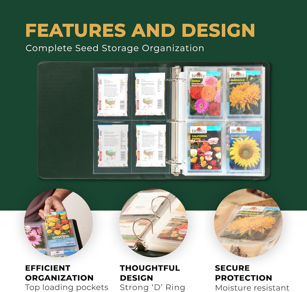 Seed Storage Organizer Binder - Seed Packet Organizer with 50 Pack Sheet Prot...