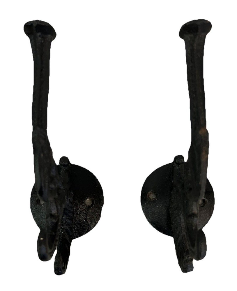 Vintage Pair Cast Iron Victorian-style Triple Wall Hook Black Heavy Scrollwork