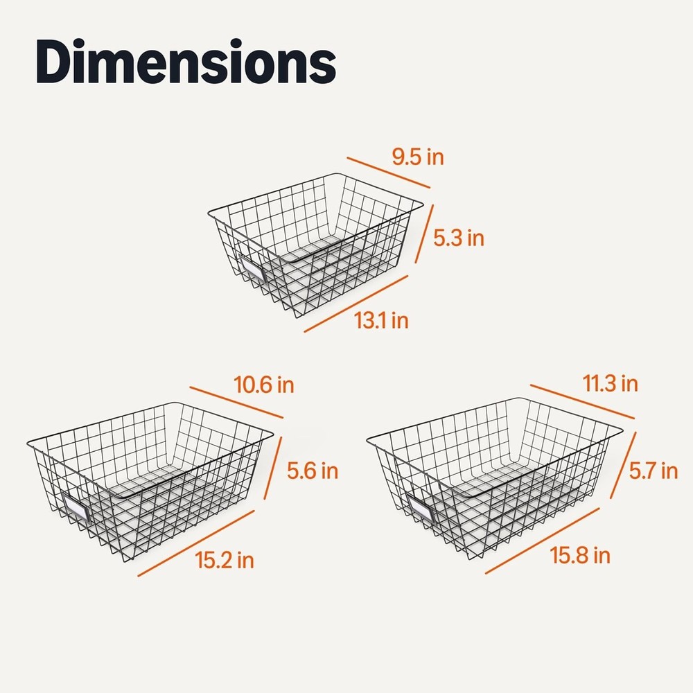 Wire Storage Baskets Organizing Black Pack of 6