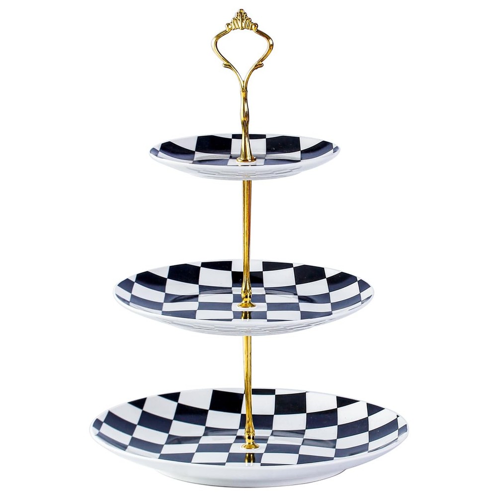 3 Tier Checkered Ceramic Cupcake Stand, Tiered Serving Cake Stand, Embossed D...