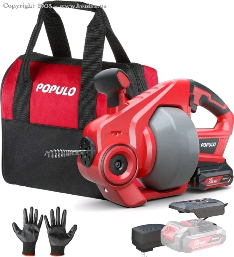 Populo CDAL-2004 Cordless Drain Auger Kit 20V Max – 25ft Cable