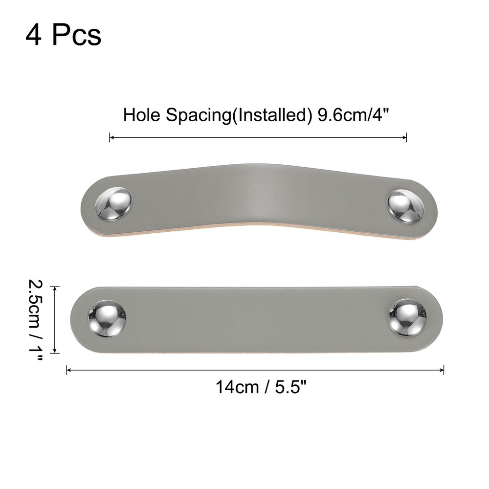 4 Packs Leather Drawer Pulls Double Hole Knobs, Grey/Silver(Hole Spacing:96mm)