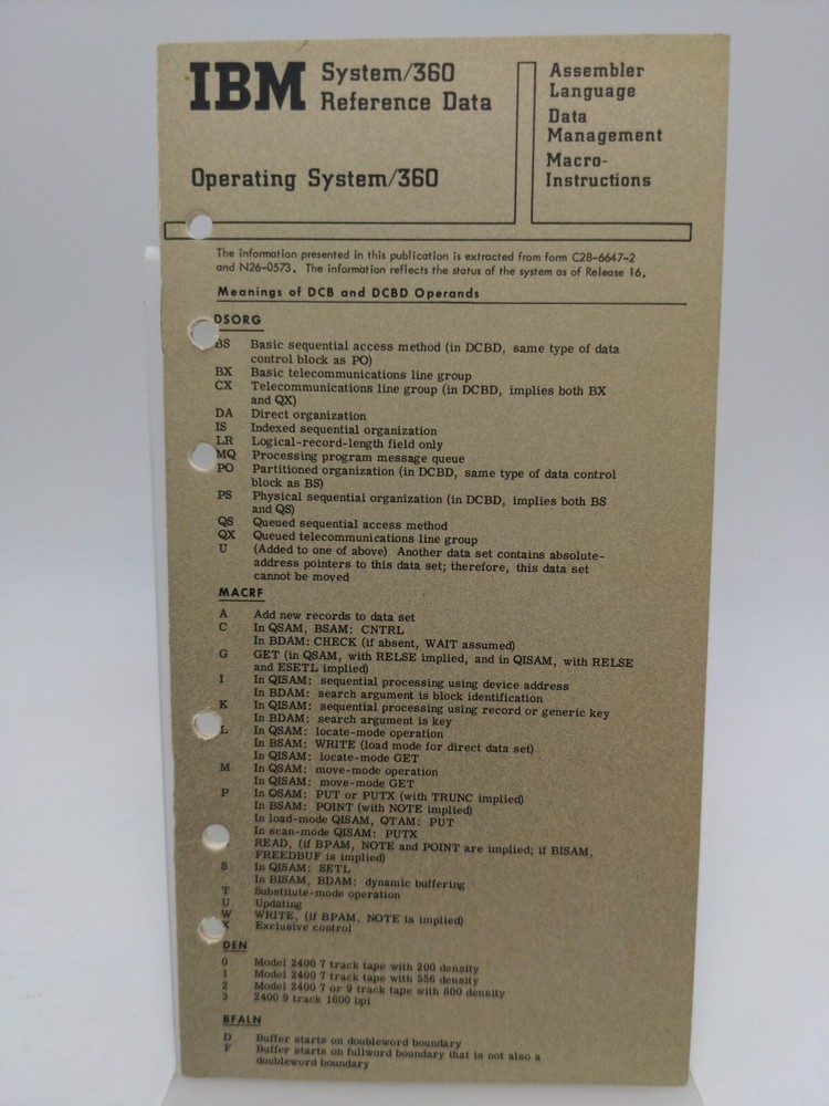 IBM System/360 Command Language Reference Data Booklet 1970s Vintage System360