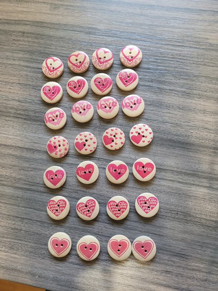 28 Printed Wooden Buttons, Flat Round with 7 different Heart Patterns