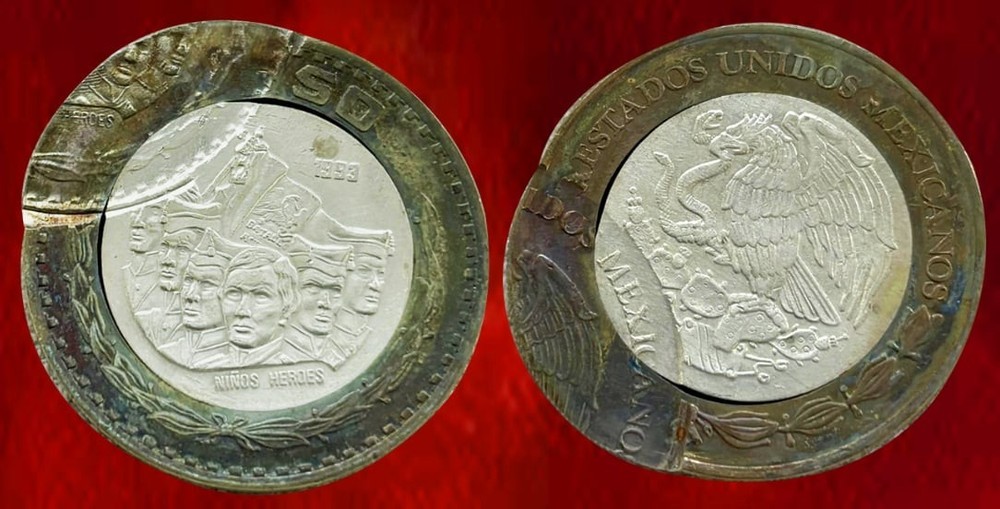 1993  $ 50 N PESOS SILVER  BRONZE   Mint  ERROR -- Double Struck - one