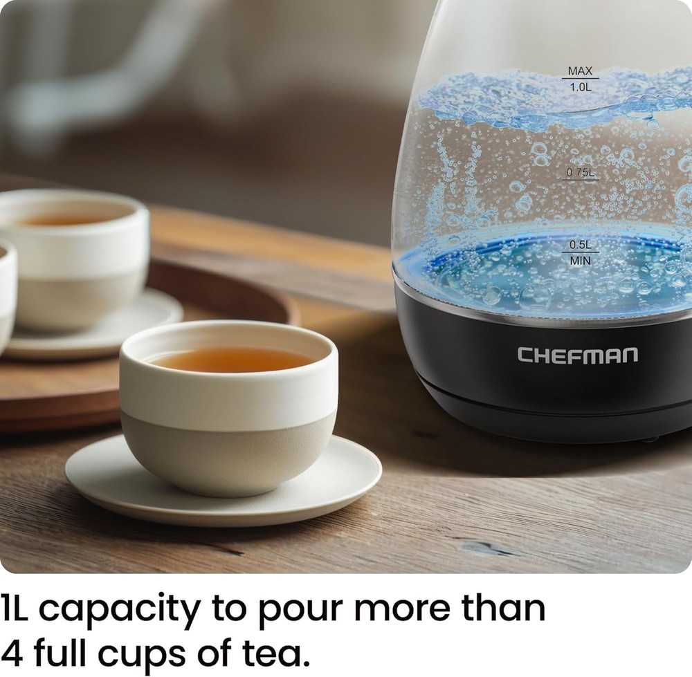 Chefman 1L Electric Glass Kettle w/ LED Indicator Light, Automatic Shutoff