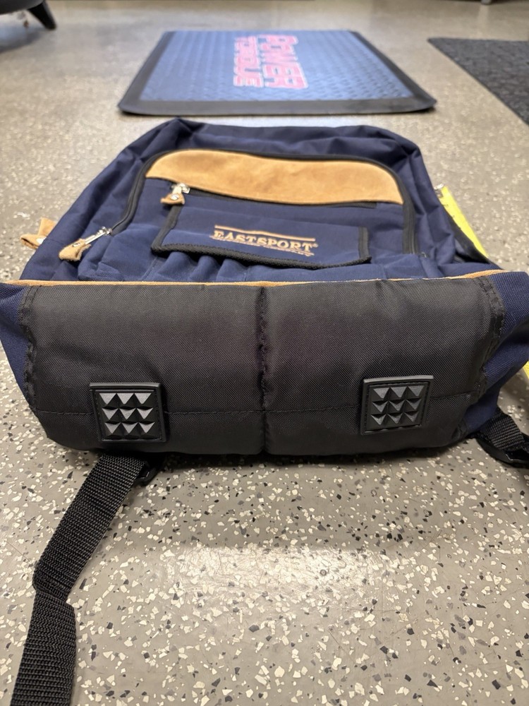 Eastsport Fabric & Suede Navy Blue & Tan Daypack Backpack, Multiple Compartments