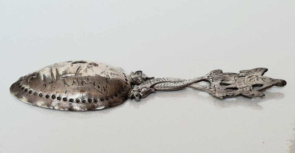 ANTIQUE GERMAN 800 SILVER DRAGON FISH HANDLE TEA CADDY SPOON
