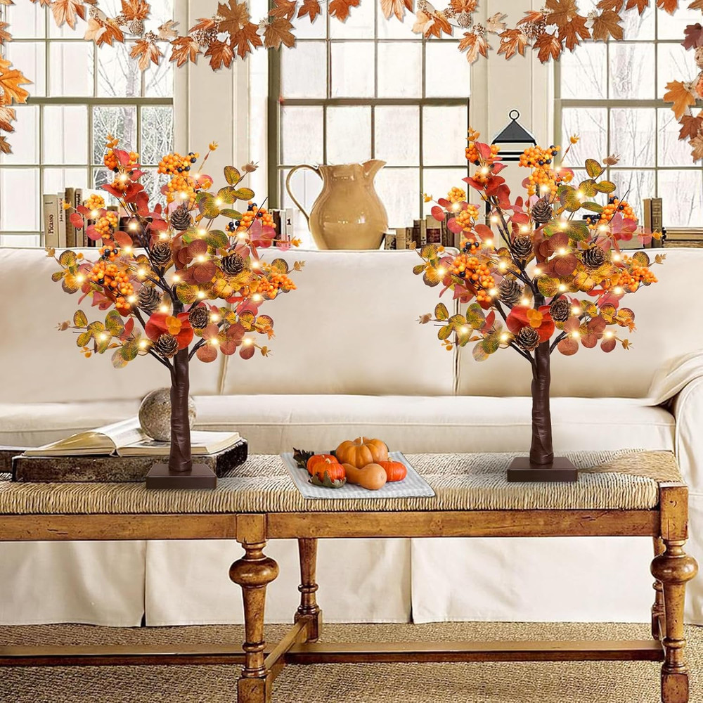 [ Prelit & Timer ] 2 Pack Fall Decor Tabletop Fall Tree with 48 LED Battery