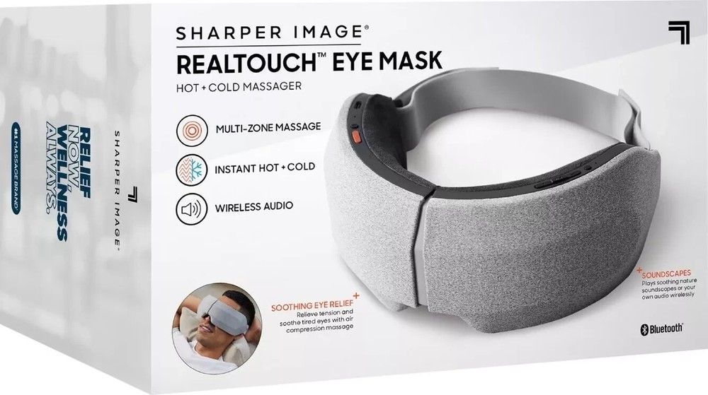 Sharper Image RealTouch Eye Mask Massager Hot & Cold + Bluetooth-Grey.
