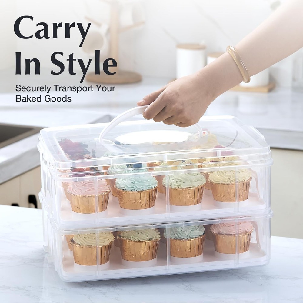 Plastic Cupcake Carrier 24 Count, 2-Layer Cupcake Holder Carries with Lid & H...