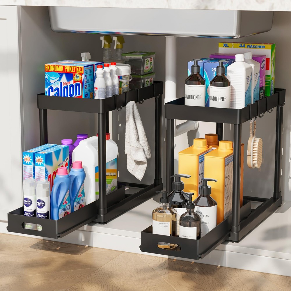 POUGNY 2 Pack Pull-Out Storage Organizers, Under Sink 12.8IN, Black PRO